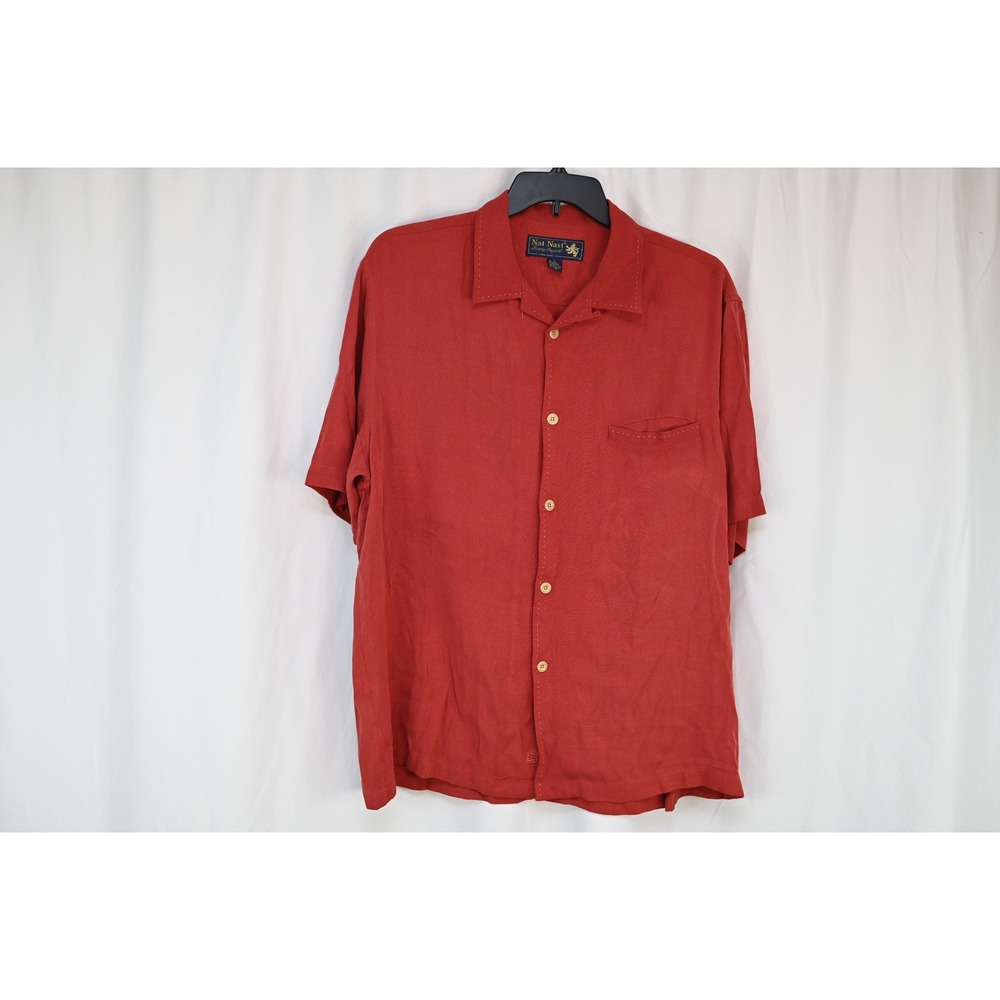 Nat Nast Silk Rayon Pink Red Short Sleeve Button Down Camp Shirt Mens Large